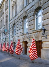 Red and white striped parasols on the back of the Deutsches Museum, Berlin, Germany