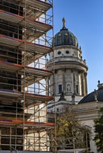 Scaffolding at Gendarmenmarkt with a view of the German Cathedral in the background, Berlin,