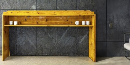 Temporary wooden rack with empty coffee cups on an interior construction site, Berlin, Germany