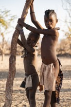 Two Himba children, traditional Himba village, Kaokoveld, Kunene, Namibia