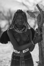 Black and white, young Himba woman with jewelry, portrait, traditional Himba village, Kaokoveld,