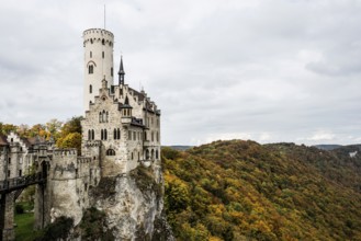 Castle and autumnal forest, Lichtenstein Castle, Honau, Echaz Valley, Swabian Jura,
