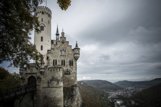 Castle and dark mystical atmosphere, Lichtenstein Castle, Honau, Echaz Valley, Swabian Jura,