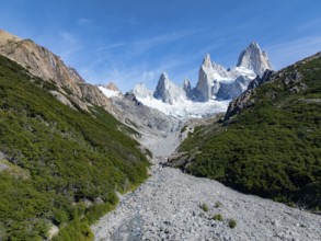Epic panorama, rocky mountain landscape, glacier and summit of Monte Fitz Roy in the background,