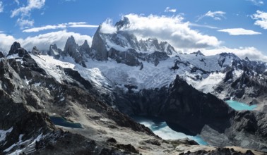 Aerial View, Epic Panorama, Large Glaciers, Lago de los Tres Laguna Sucia Glacier Lakes, Mountains