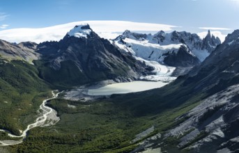 Aerial View, Epic Panorama, Glaciar Torre Glacier Lake Laguna Torre, Mountains and Peaks of Monte
