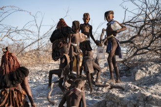 Himba woman and children run to fetch water with canisters through dry countryside, traditional
