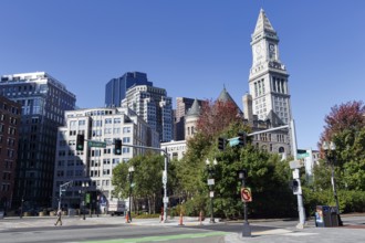 Government Center with Boston City Hall and Custom House Tower, Clock Tower, Passerby, Road