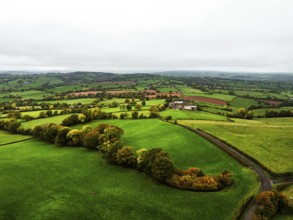 Autumn colours over Wales Farms and Fields from a drone, Grosmont, Abergavenny, Monmouthshire,