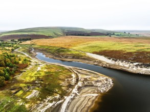 Autumn over Craig Goch Dam from a drone, Elan Valley Reservoirs, Elan Valley, Rhayader, Powys,