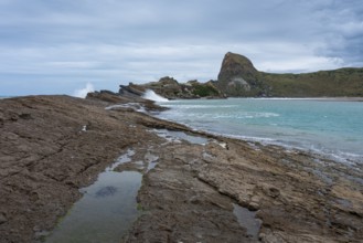 Deliverance Cove and Castle Rock, rocks, ocean, surf. Castlepoint, Wairarapa Coast, Wellington
