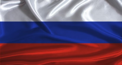 Russia flag with cloth textured background. National flag of Russia with realistic texture