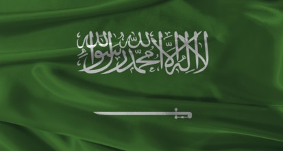 Flag of Saudi Arabia with fabric textured background. Close up of National flag of Saudi Arabia