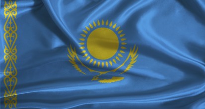 Kazakhstan flag with cloth textured background. National flag of Kazakhstan with realistic texture