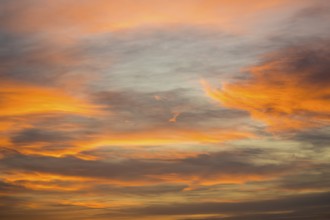 Softly colored clouds fill the sky in warm tones at sunset, Baden-Württemberg, Germany