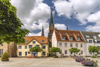 The Town Hall Market in Schleswig's Old Town and St. Peter Cathedral, City of Schleswig,
