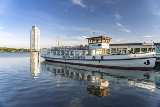 Excursion ship Wappen von Schleswig and the Viking Tower on the Schlei, City of Schleswig,