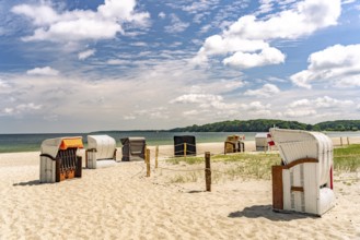 Beach chairs on Eckernförde beach, Schleswig-Holstein, Germany
