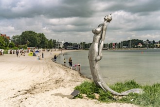 Mermaid MareMinde sculpture on the beach in Eckernförde Eckernförde, Schleswig-Holstein, Germany