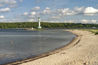 Falkensteiner Beach and Friedrichsort lighthouse on the Kiel Fjord, Kiel, Schleswig-Holstein,
