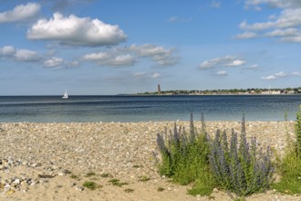 View of Laboe from Falkensteiner Beach with the Naval Memorial on the Kiel Fjord, Kiel,