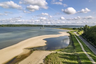 Falkensteiner Beach and Friedrichsort lighthouse on the Kiel Fjord seen from above, Kiel,