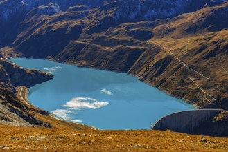 The dam and turquoise lake Lac de Moiry, Val d'Anniviers, Valais Alps, Canton of Valais,