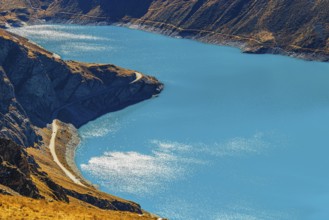 The turquoise Lac de Moiry Reservoir, Val d'Anniviers, Valais Alps, Canton of Valais, Switzerland