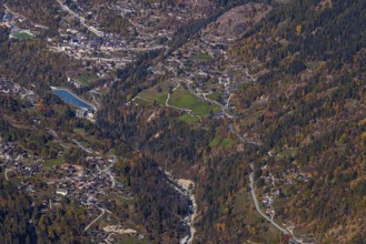 The Val d'Anniviers valley with the villages of St-Jean and Vissoie, aerial view, Valais Alps,