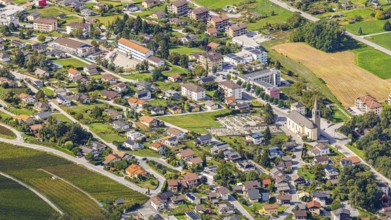 The village of Chalais with the church, view of Vercorin, Val d'Anniviers, Valais Alps, Canton of