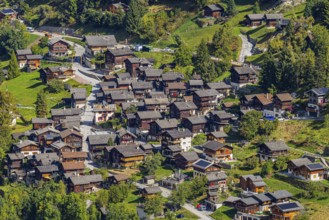 The historic town center of Mission, aerial view, Val d'Anniviers, Valais Alps, Canton of Valais,
