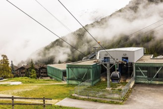 Gondola in fog, cable car to Bendolla, Grimentz, Val d'Anniviers, Valais Alps, Canton of Valais,