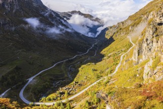 The mountain road from Grimentz to the Lac de Moiry reservoir, Val d'Anniviers, Valais Alps, Canton