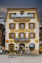 Historic Cafe des Alpes in Vissoie, Val d'Anniviers, Valais Alps, Canton of Valais, Switzerland