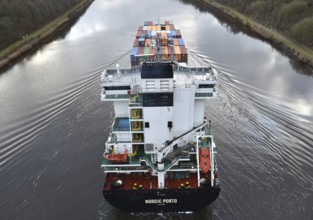 Aerial view of shipping container, container ship NORDIC PORTO photographed from above, Kiel Canal,