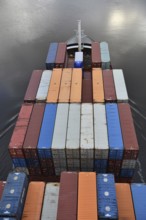 Aerial view of shipping container, container ship NORDIC PORTO photographed from above, Kiel Canal,