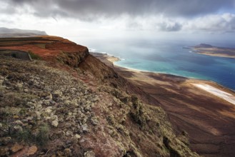 Dramatic coastal cliff overlooking the sea under a cloudy sky, Haria Lanzarote, Canary Island