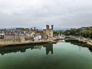 Caernarfon Castle from a drone, Caernarfon, Gwynedd, North-West Wales, UK