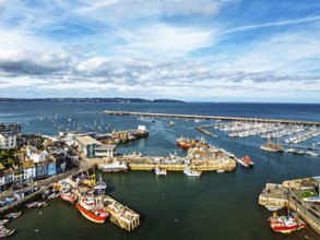 Brixham Hourbour and Brixham Marina from a drone, Brixham, Torbay, Devon, England, United Kingdom