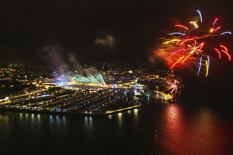 Bay of Lights Illumination Trail Fireworks over Torquay Horbour from a drone, Torbay, Devon,