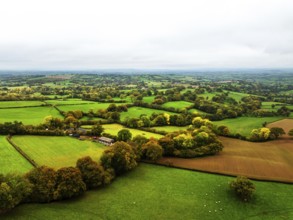 Autumn colours over Wales Farms and Fields from a drone, Grosmont, Abergavenny, Monmouthshire,