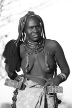 Black and white, portrait, Himba woman, traditional clothing, Kaokoveld, Kunene, Namibia