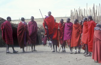 Maasai men showing traditional jumps, Ngorongoro Crater, Tanzania, Africa, June 2000, vintage,