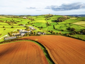 Colours of Devon Farms and Fields over Paignton and Berry Pomeroy from a drone, Totnes, England,