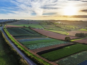 Colours of autumn Fields and Farms over Sheldon from a drone, Torbay, Devon, England, United