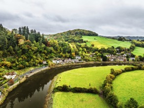 Autumn over Wye Valley and River Wye from a drone, Tintern, Chepstow, Monmouthshire, Wales, UK
