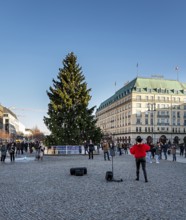 Street musician with violin at Brandenburg Gate, daylight photo, Berlin, Germany