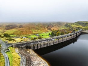 Autumn over Claerwen Dam, Claerwen Valley, Elan Valley Reservoir, Rhayader, Powys, Wales, UK
