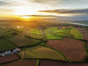 Colours of autumn Fields and Farms over Sheldon from a drone, Torbay, Devon, England, United