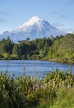Lake Mangamahoe with views of Mount Taranaki. Egmont National Park, Taranaki Region, North Island,